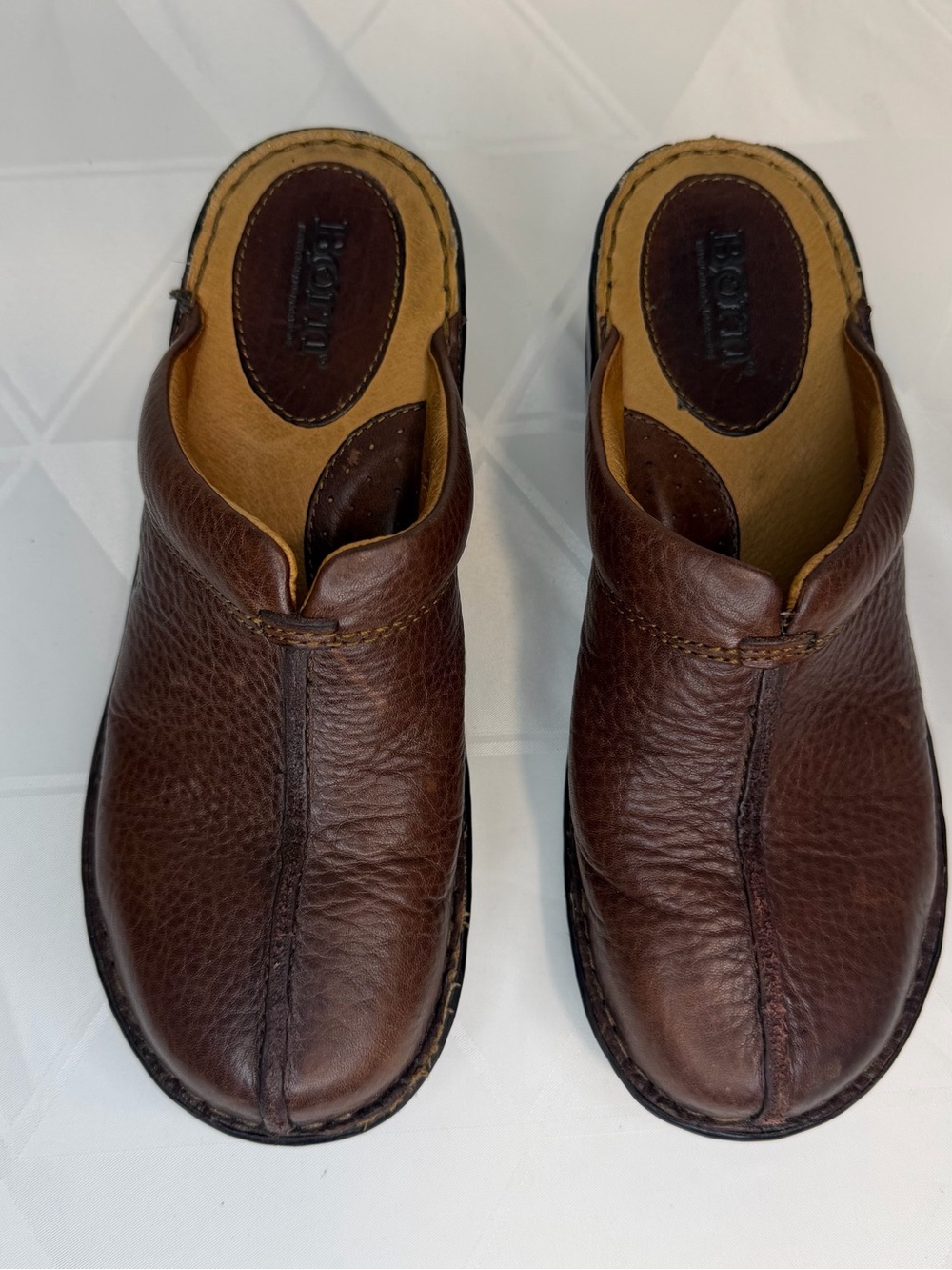 BORN Hand Crafted Brown Leather Comfort Wedge Slides Clog Mule Size US 7 / EU 38